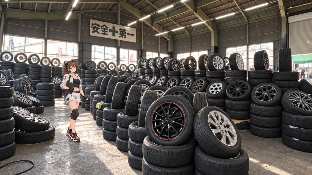 Illustration of the mascot among tyres and wheels in our store