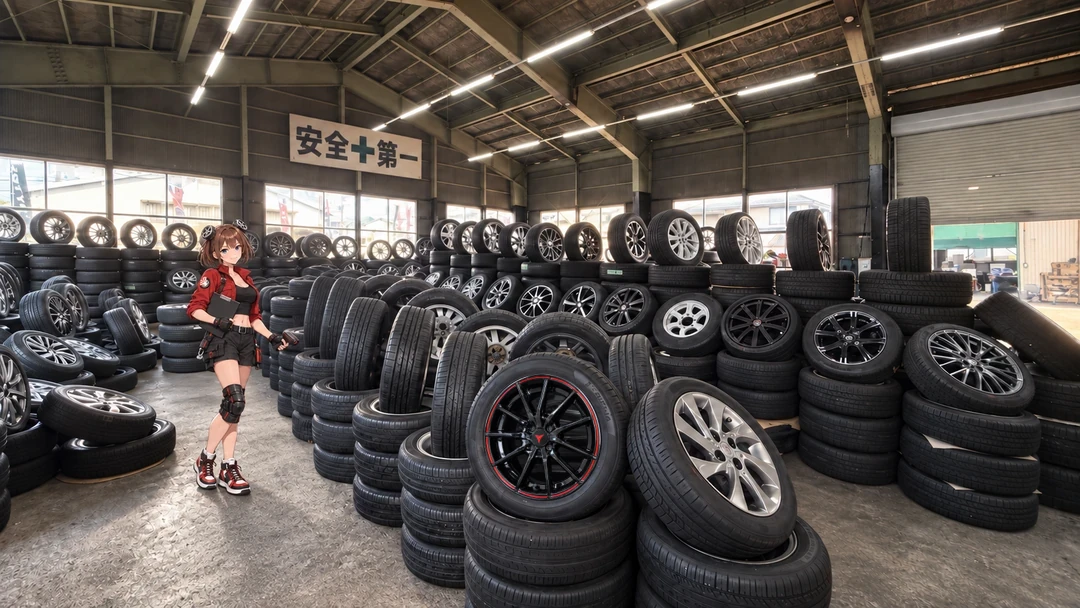 Illustration of the mascot among tyres and wheels in our store