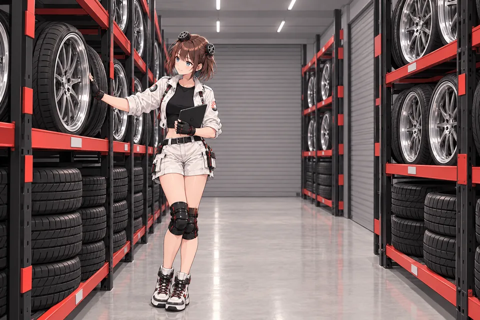 Illustration: the mascot checks racks of tyres and wheels in an enclosed warehouse