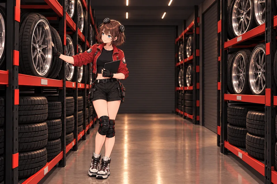 Illustration: the mascot checks racks of tyres and wheels in an enclosed warehouse