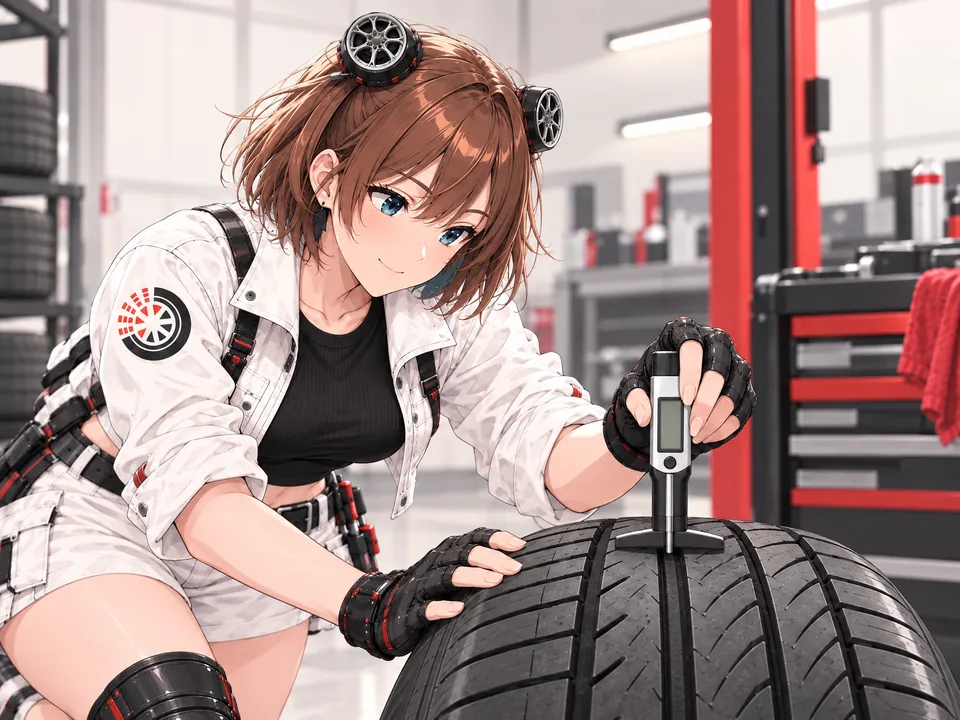 Illustration: the mascot measures tread depth with a gauge