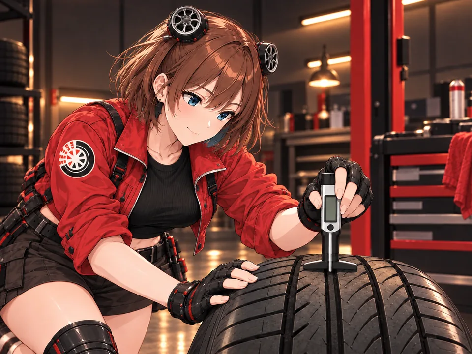 Illustration: the mascot measures tread depth with a gauge