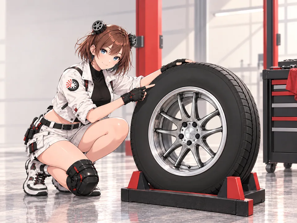 Illustration: the mascot beside a wheel explains how to read the tyre size