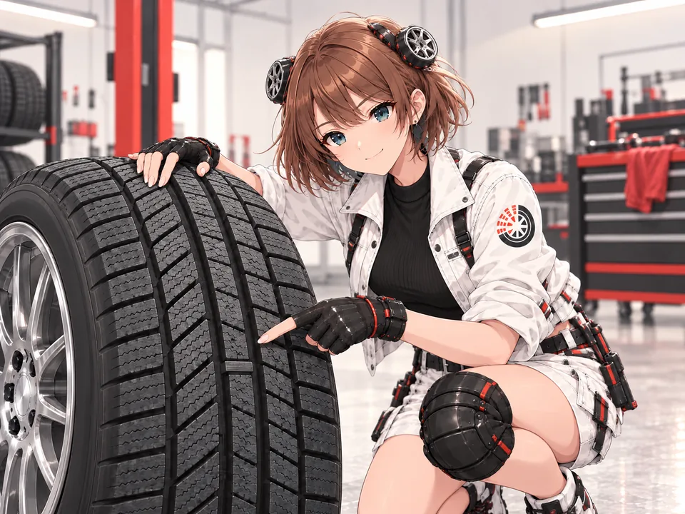 Illustration: the mascot points at the tread pattern of a winter tyre