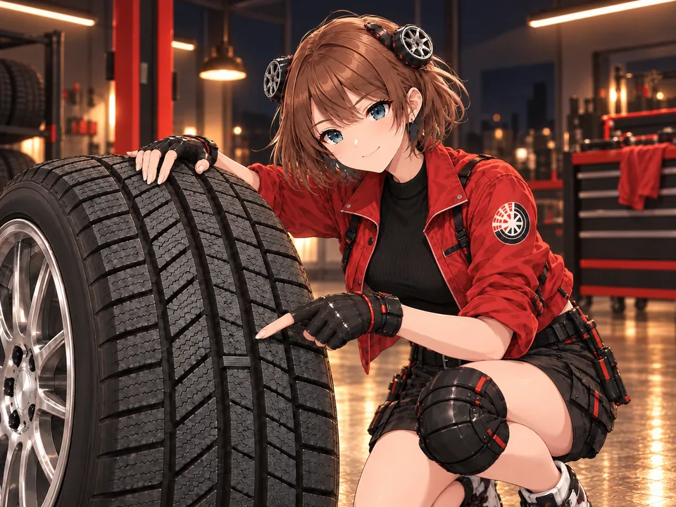 Illustration: the mascot points at the tread pattern of a winter tyre