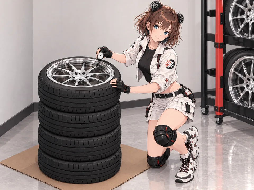Illustration: the mascot measures the pressure in tyre-and-wheel sets stacked on cardboard