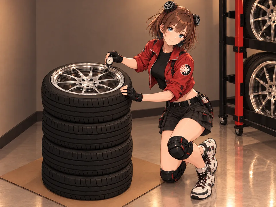Illustration: the mascot measures the pressure in tyre-and-wheel sets stacked on cardboard