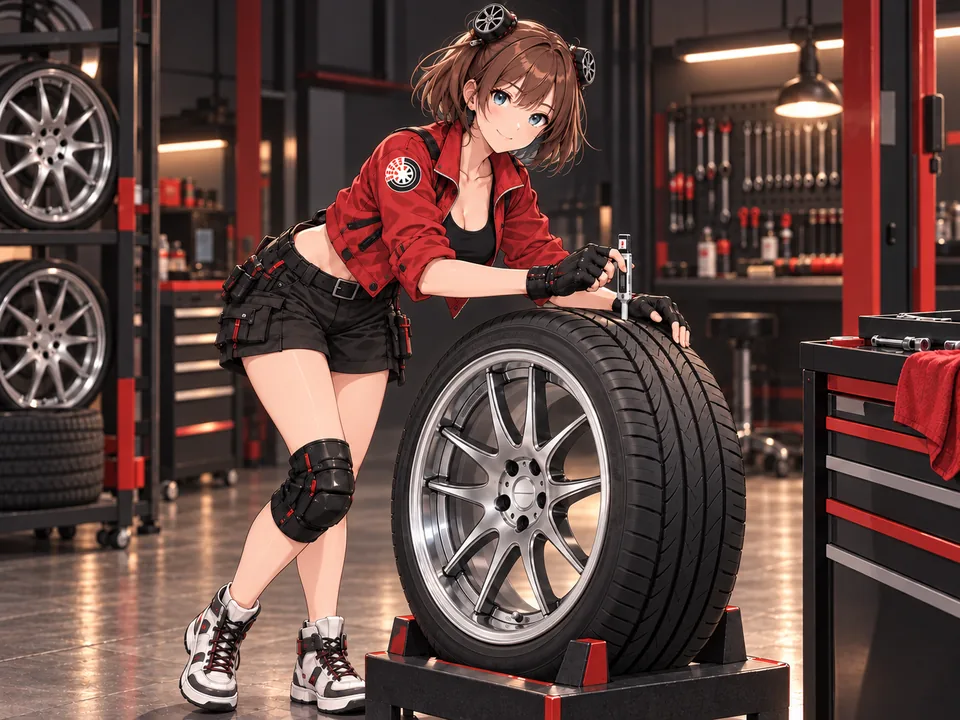Our mascot inspects a wheel and records notes on a tablet
